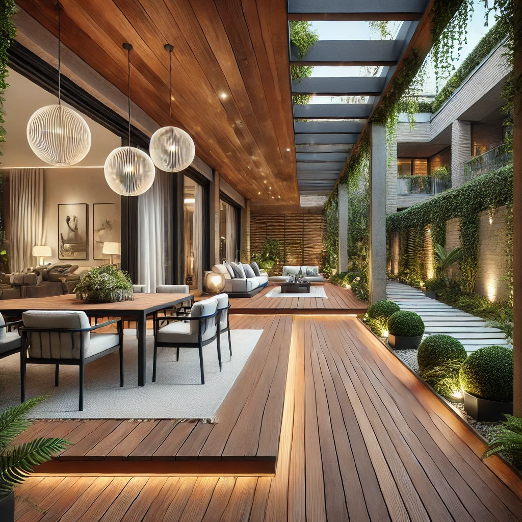 Un elegante pavimento esterno ristrutturato: Una terrazza moderna con un nuovo rivestimento in gres porcellanato sottile, decking in legno WPC e resina. L'ambiente è accogliente, arredato con mobili da esterno e illuminazione soffusa.